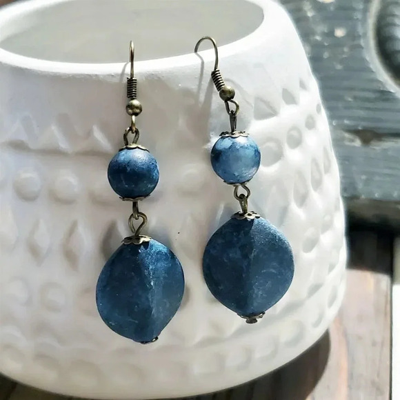 Rustic Bronze Metal Mottled Blue Lightweight Acrylic Handcrafted Dangle Earrings - Picture 2 of 5